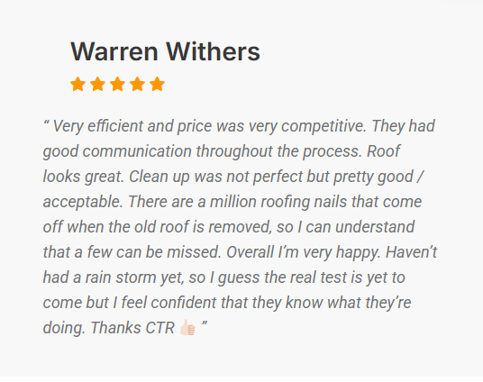 Warren Withers customer review for CTR Roofing in Reno NV